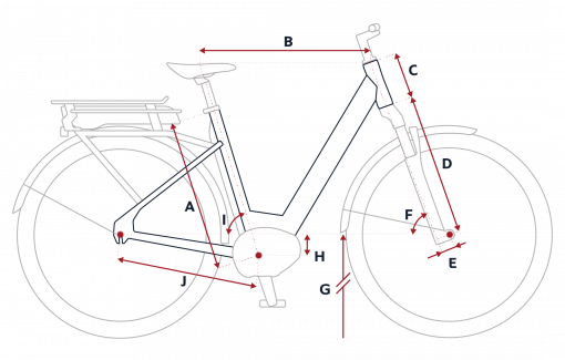 Esquema de la geometría de una bicicleta eléctrica Peugeot eC01