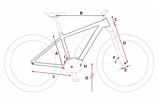 Esquema de la geometría de una bicicleta eléctrica Peugeot eM02