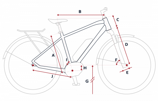 Esquema de la geometría de una bicicleta eléctrica Peugeot eT01 Gent