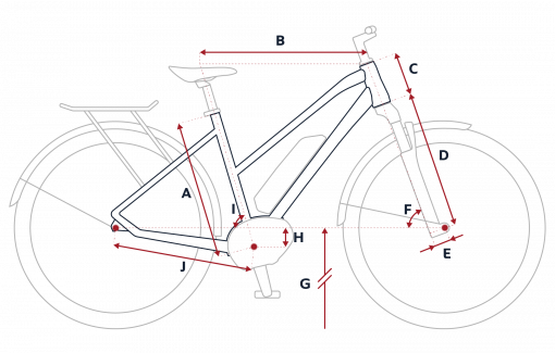 Esquema de la geometría de una bicicleta eléctrica Peugeot eT01 Mixta