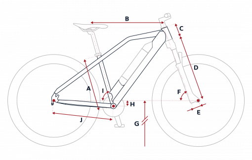 Esquema de la geometría de una bicicleta eléctrica Peugeot eM03 PowerTube